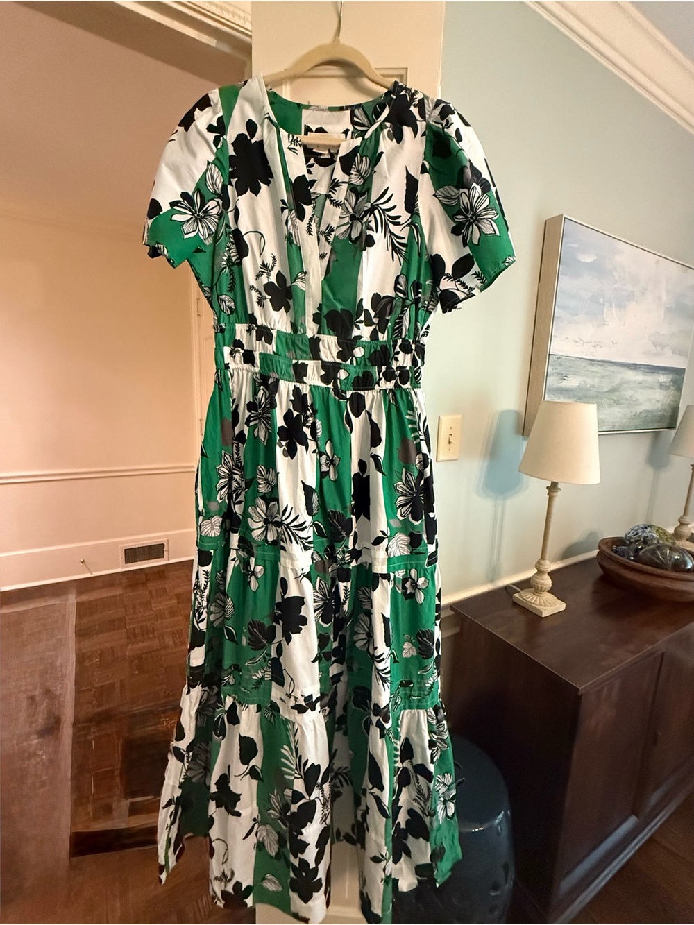Anthropologie Green and White Floral Maxi Dress
